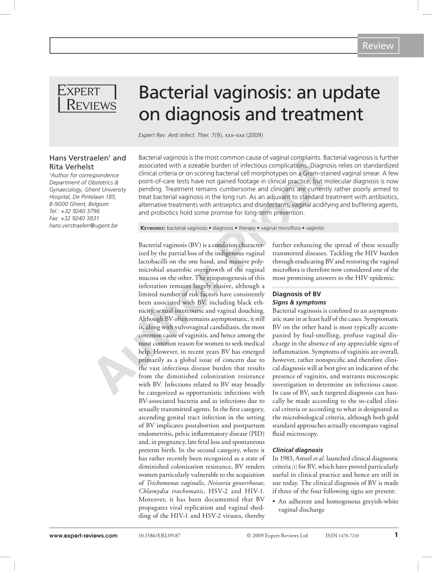 Pdf Bacterial Vaginosis An Update On Diagnosis And Treatment 1363