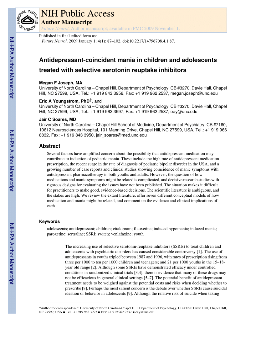 PDF) Antidepressant-coincident mania in children and adolescents ...