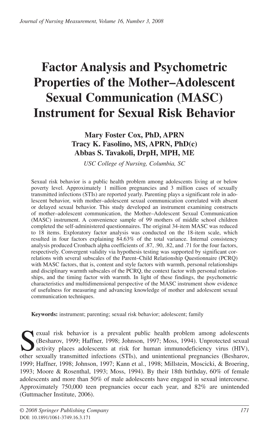 Pdf Factor Analysis And Psychometric Properties Of The Motheradolescent Sexual Communication 5995