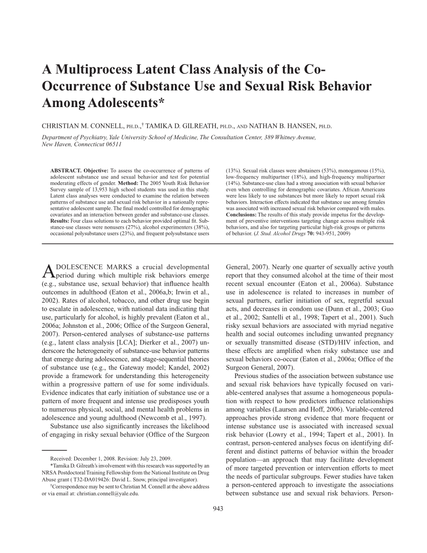Pdf A Multiprocess Latent Class Analysis Of The Co Occurrence Of Substance Use And Sexual Risk 4876