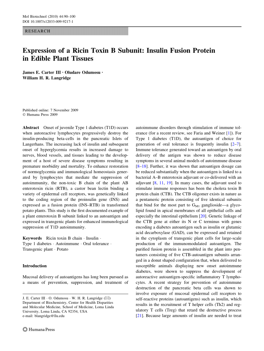 Pdf Expression Of A Ricin Toxin B Subunit Insulin Fusion Protein In Edible Plant Tissues