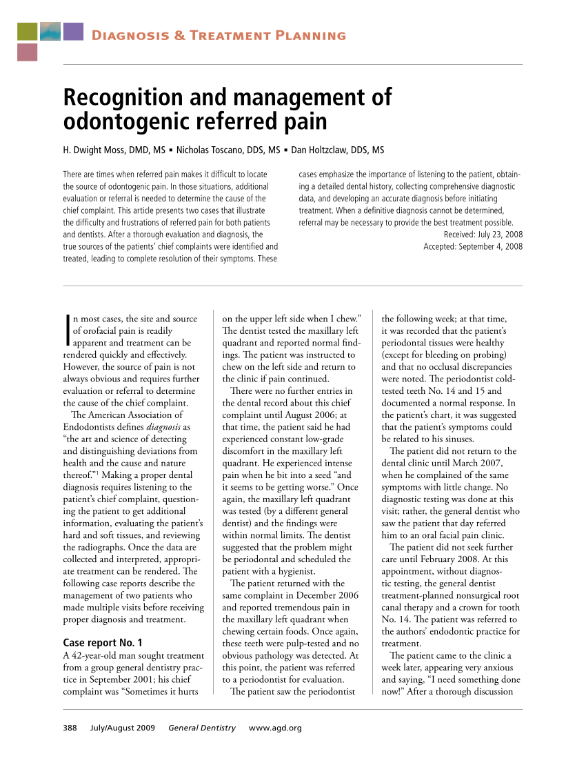 PDF) Recognition and management of odontogenic referred pain