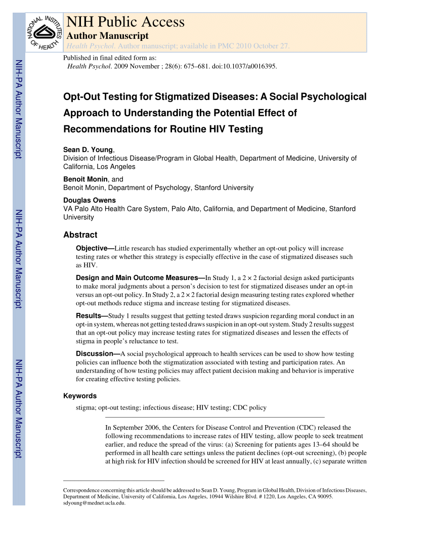 Pdf Opt Out Testing For Stigmatized Diseases A Social Psychological