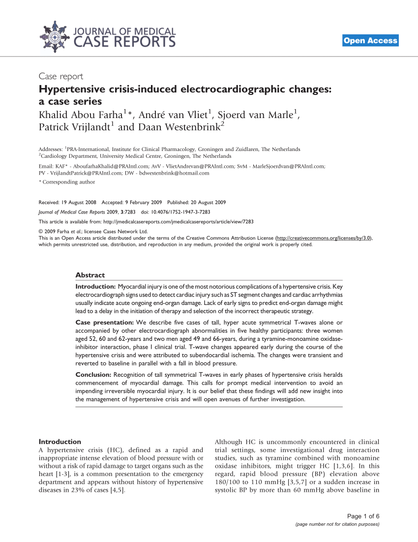 Pdf Hypertensive Crisis Induced Electrocardiographic Changes A Case Series