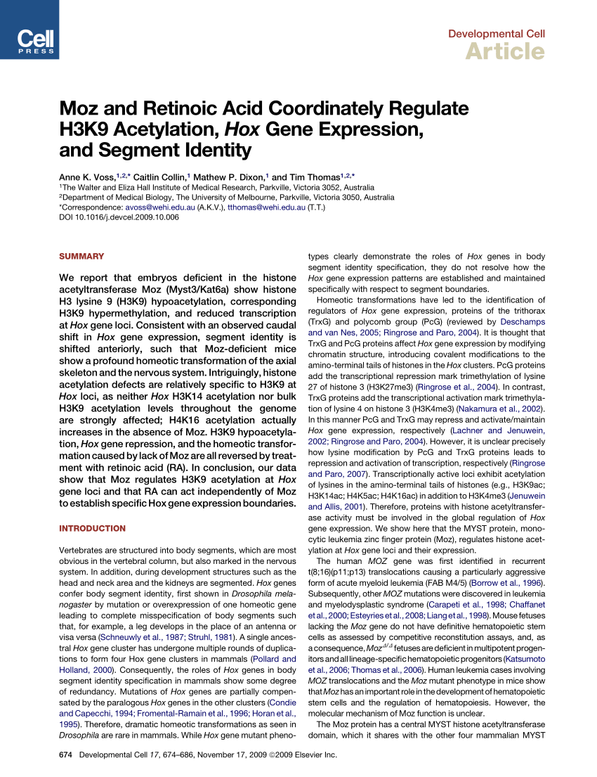 Pdf Moz And Retinoic Acid Coordinately Regulate H3k9 Acetylation Hox Gene Expression And Segment Identity
