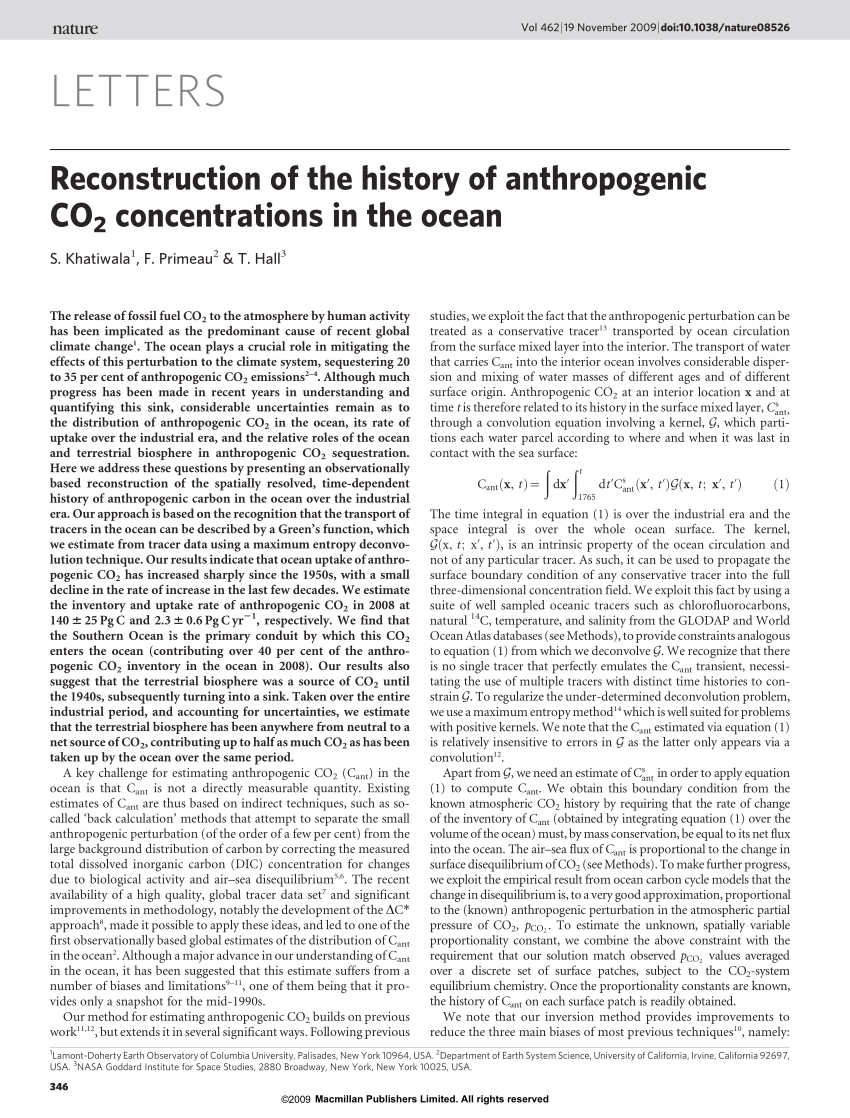 Pdf Reconstruction Of The History Of Anthropogenic Co2 Concentrations In The Ocean