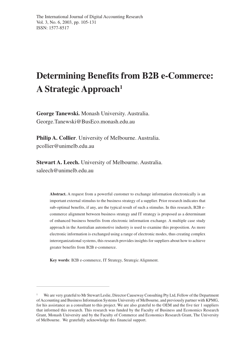 (PDF) Determining Benefits from B2B e-Commerce: A Strategic Approach