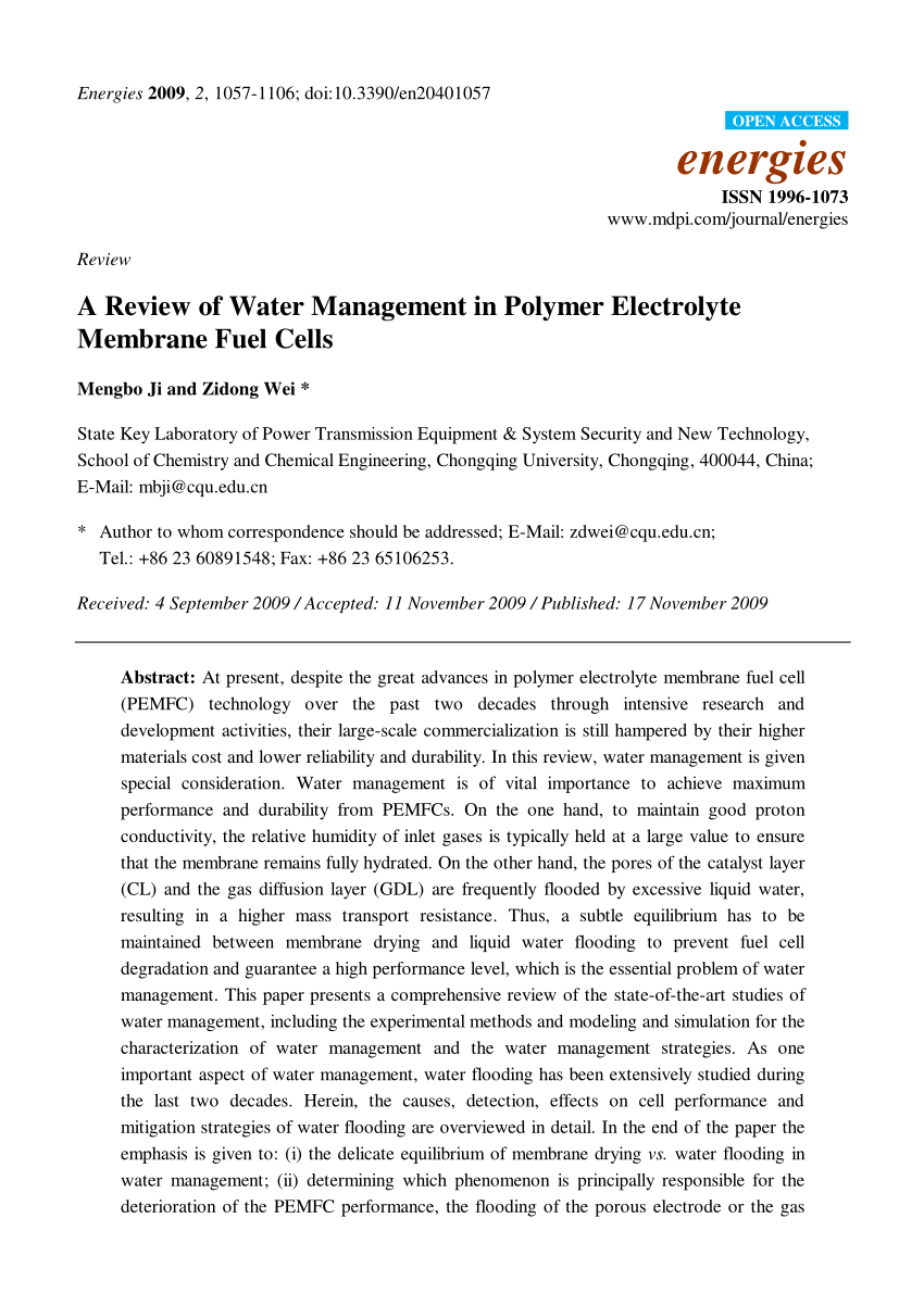 Pdf A Review Of Water Management In Polymer Electrolyte Membrane Fuel Cells