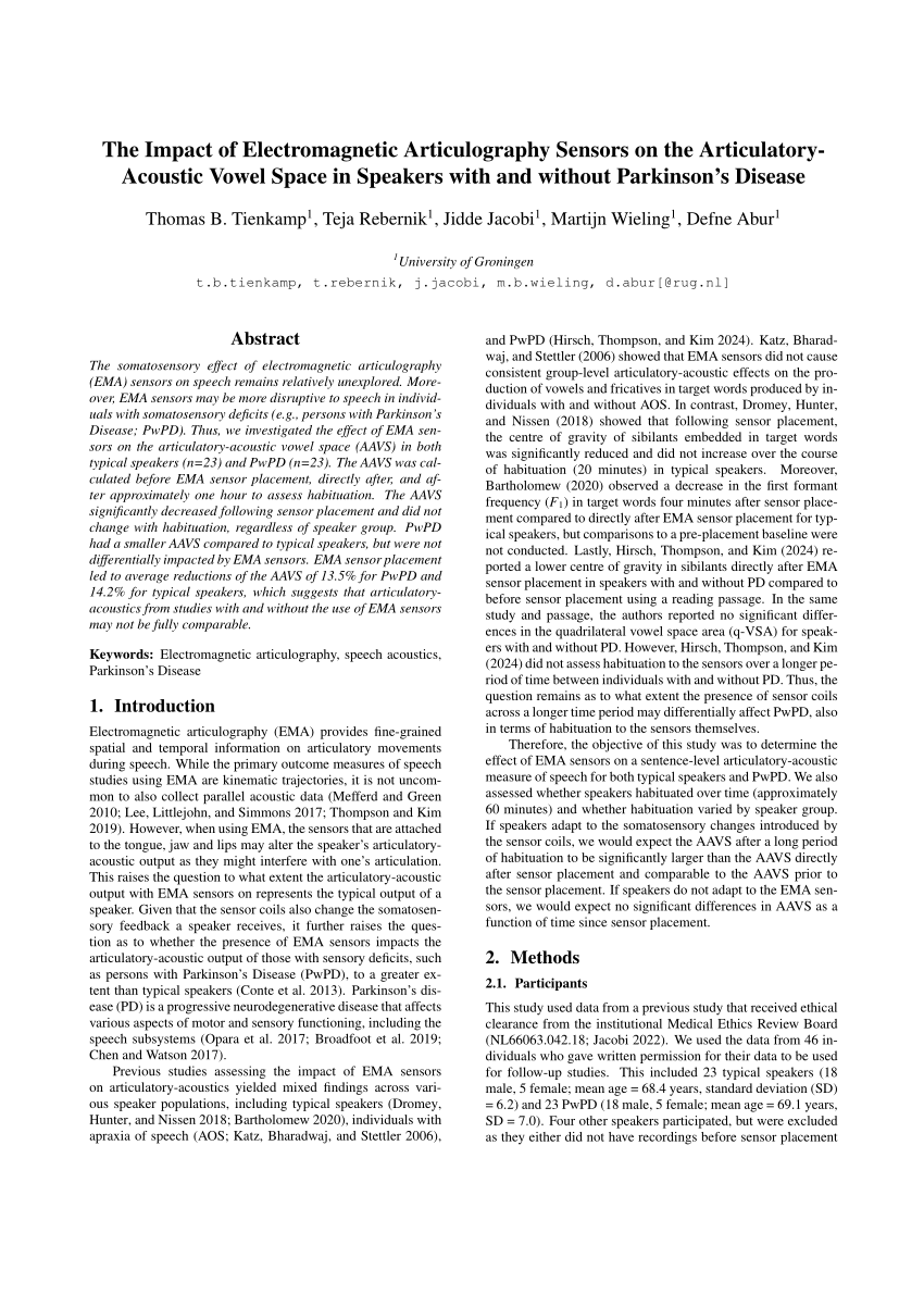 PDF The Impact of Electromagnetic Articulography Sensors on the  