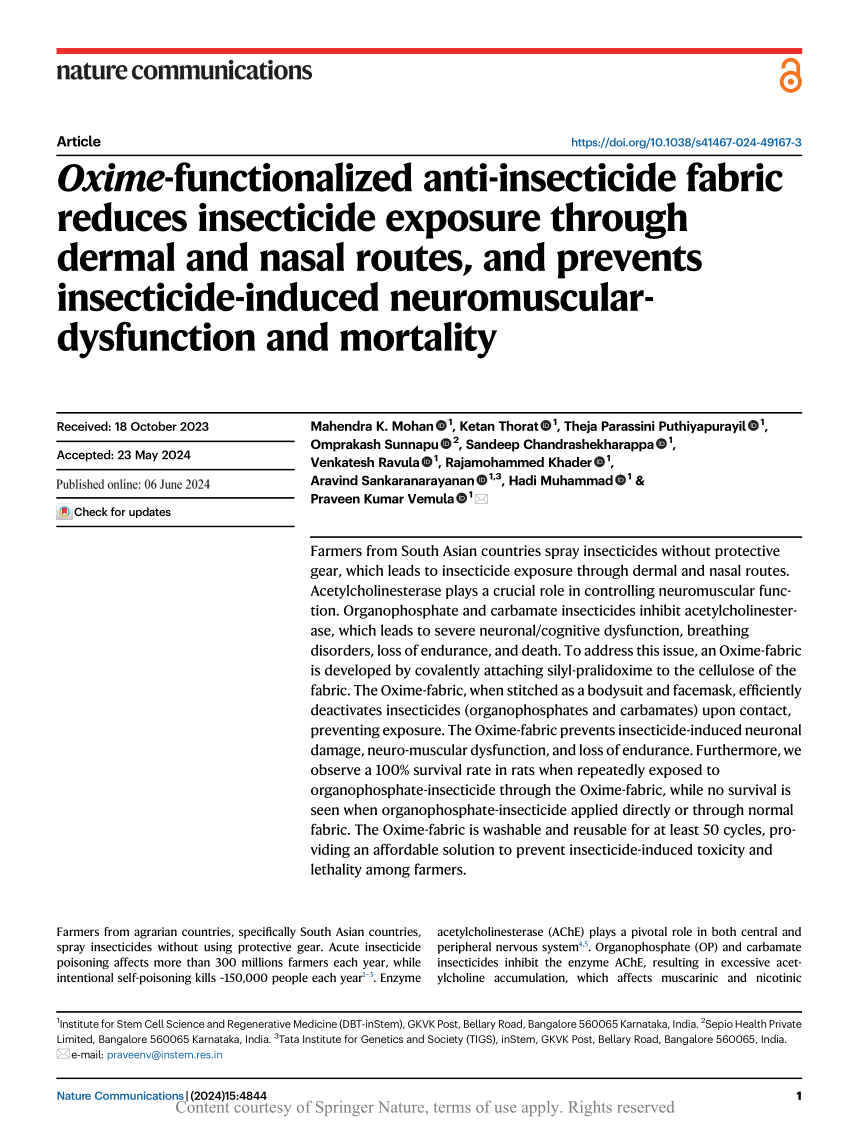 PDF) Oxime-functionalized anti-insecticide fabric reduces insecticide  exposure through dermal and nasal routes, and prevents insecticide-induced  neuromuscular-dysfunction and mortality