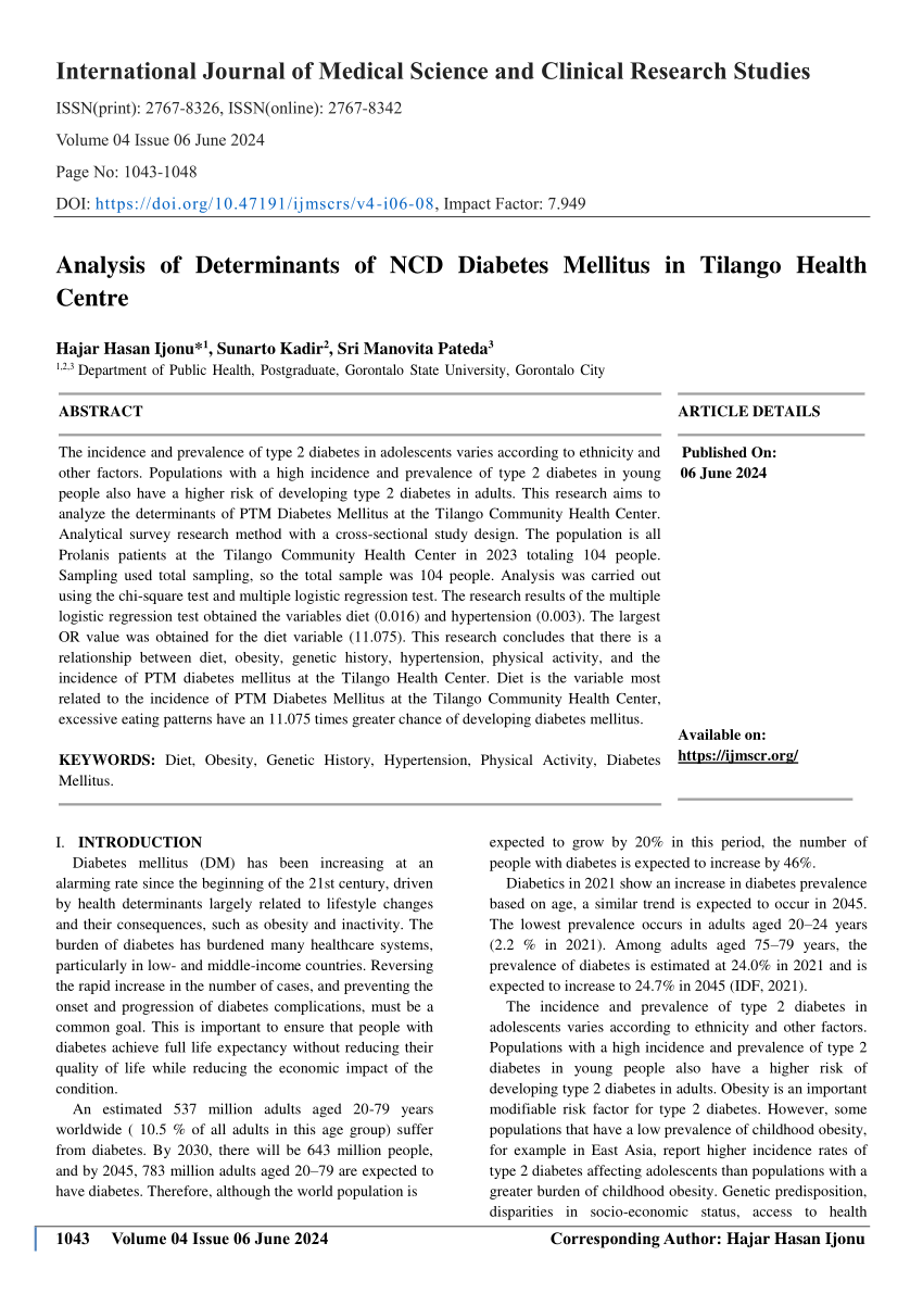 PDF Analysis of Determinants of NCD Diabetes Mellitus in Tilango  