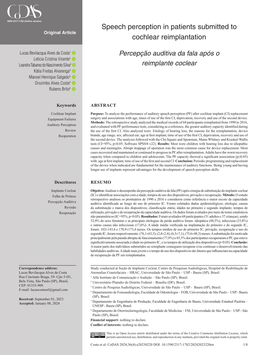 PDF Speech perception in patients submitted to cochlear  