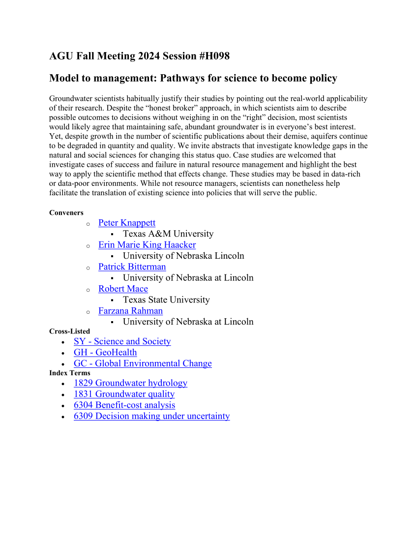 (PDF) AGU Fall Meeting 2024 Session H098 Model to management Pathways