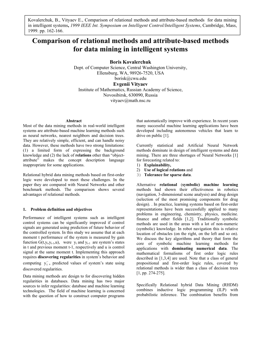 Pdf Comparison Of Relational Methods And Attribute Based Methods For Data Mining In Intelligent Systems
