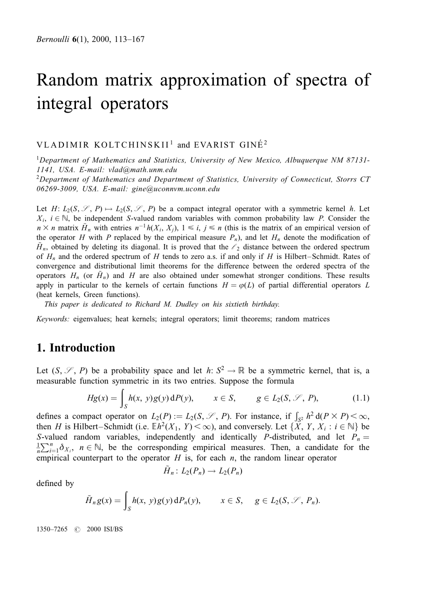 Pdf Random Matrix Approximation Of Spectra Of Integral Operators