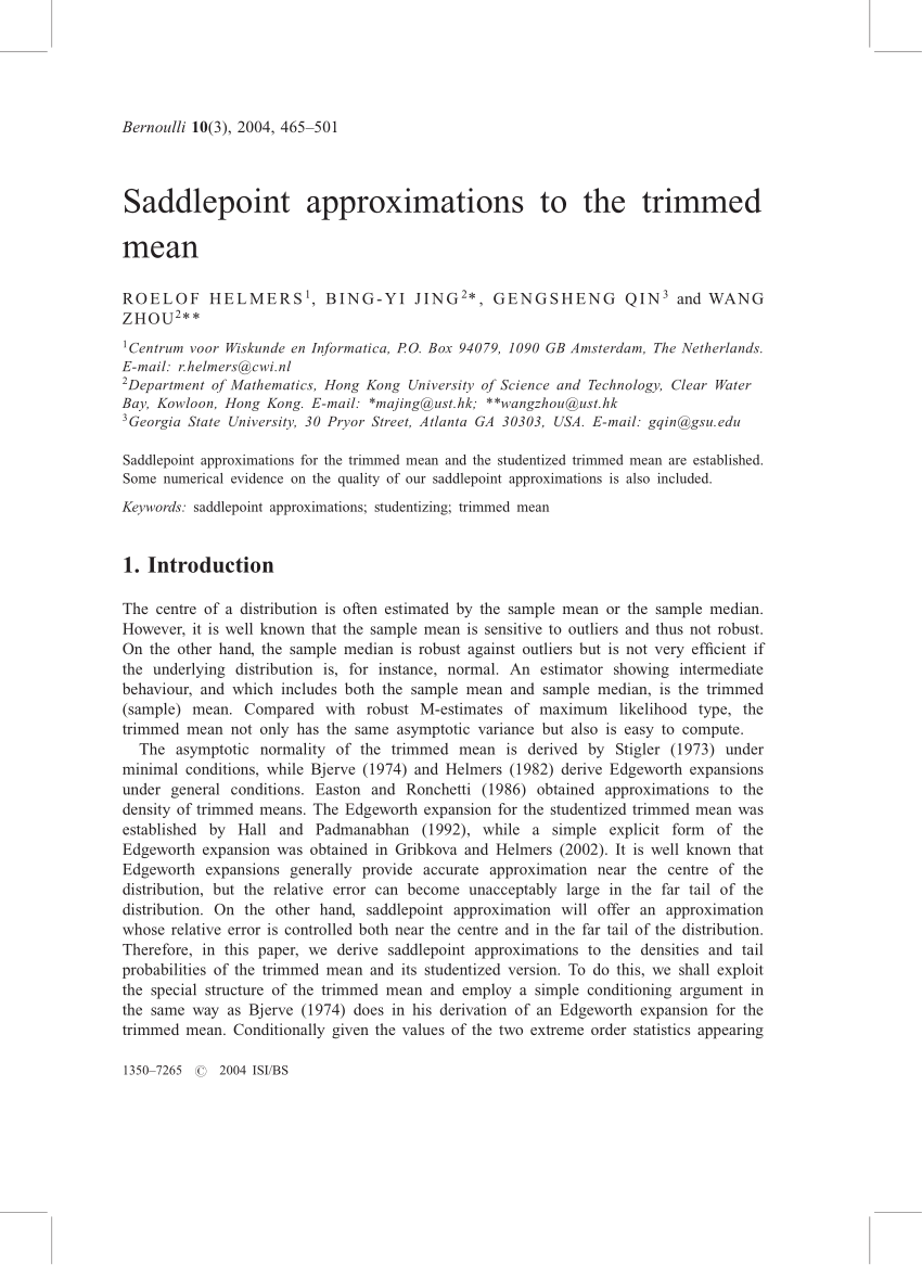 Pdf Saddlepoint Approximations To The Trimmed Mean