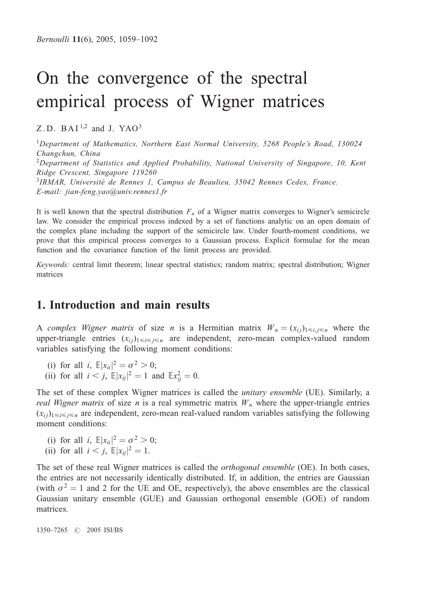 Pdf On The Convergence Of The Spectral Empirical Process Of Wigner Matrices
