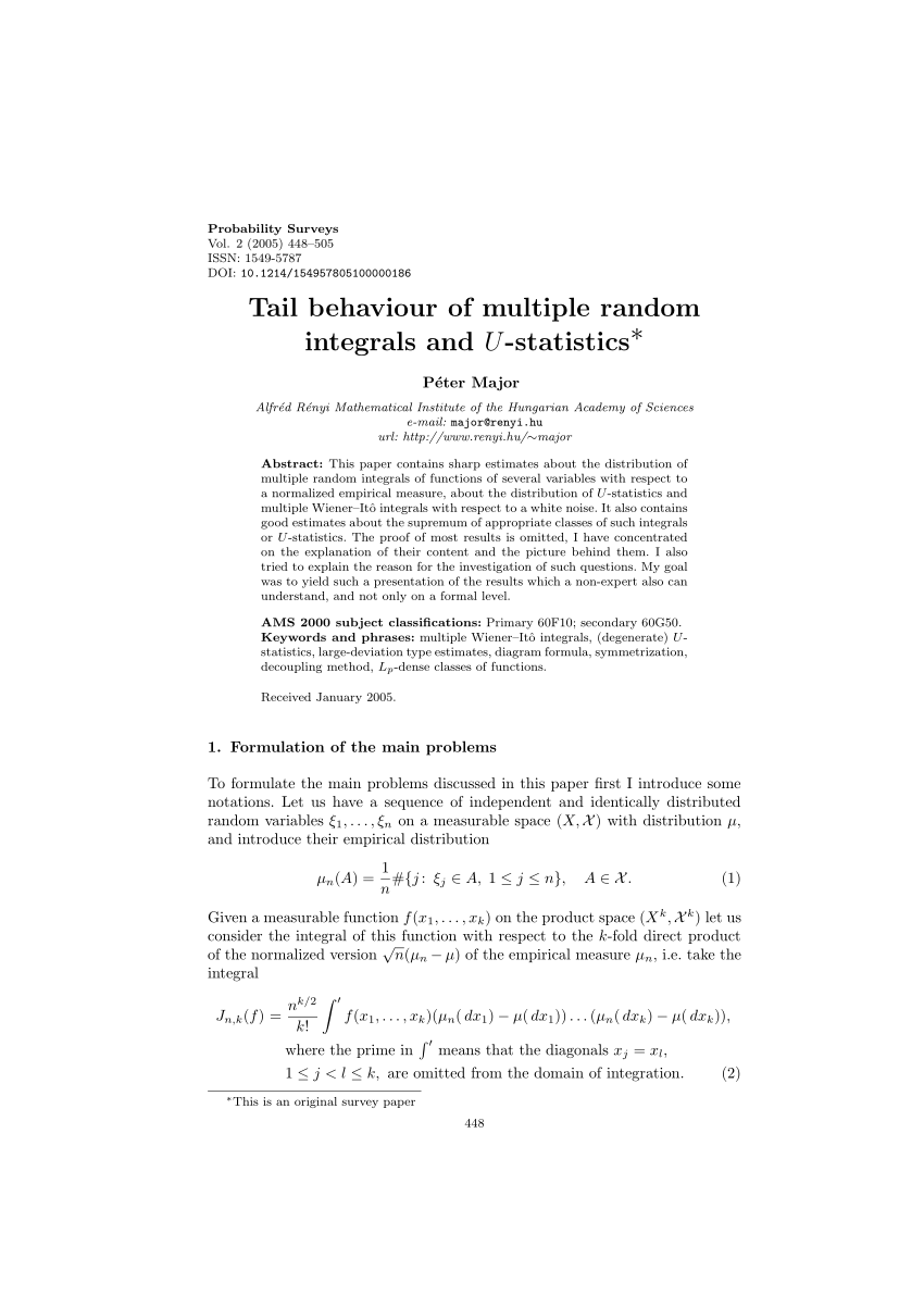 Pdf Tail Behaviour Of Multiple Random Integrals And U - 