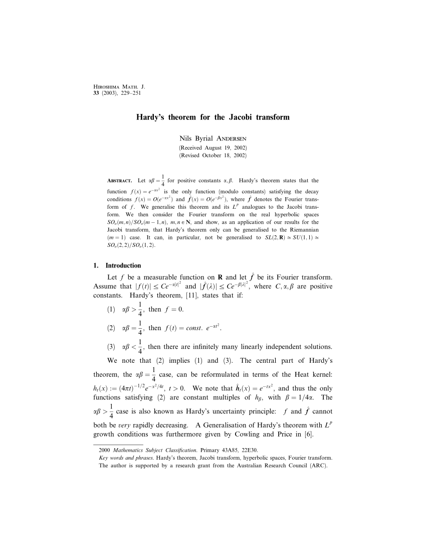 (PDF) Hardy's theorem for the Jacobi transform