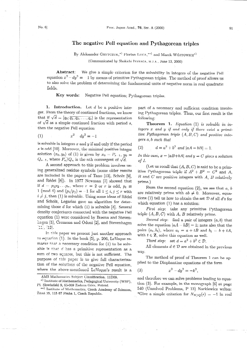 Pdf The Negative Pell Equation And Pythagorean Triples - 