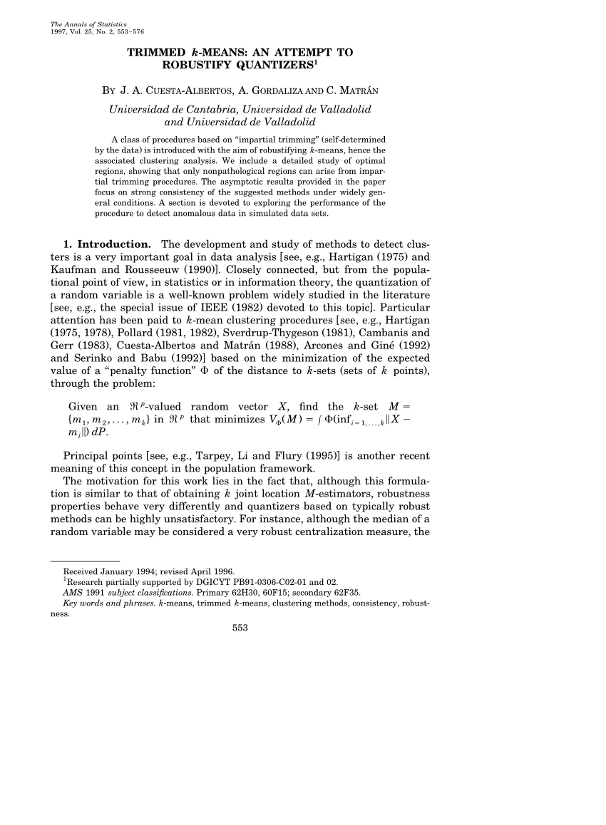Pdf Trimmed K Means An Attempt To Robustify Quantizers