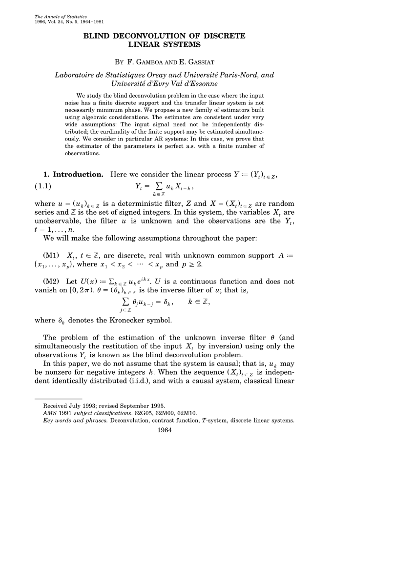 Pdf Blind Deconvolution Of Discrete Linear Systems