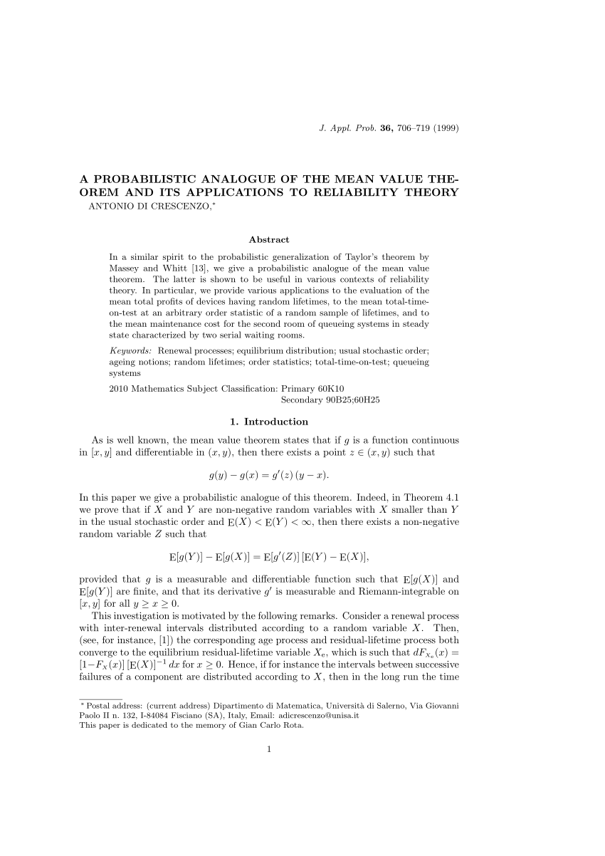 Pdf A Probabilistic Analogue Of The Mean Value Theorem And Its Applications To Reliability Theory