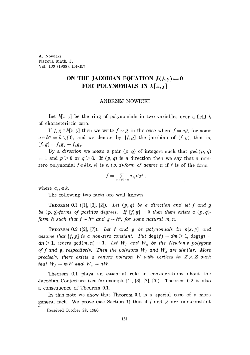 Pdf On The Jacobian Equation J F G 0 For Polynomials In K X Y