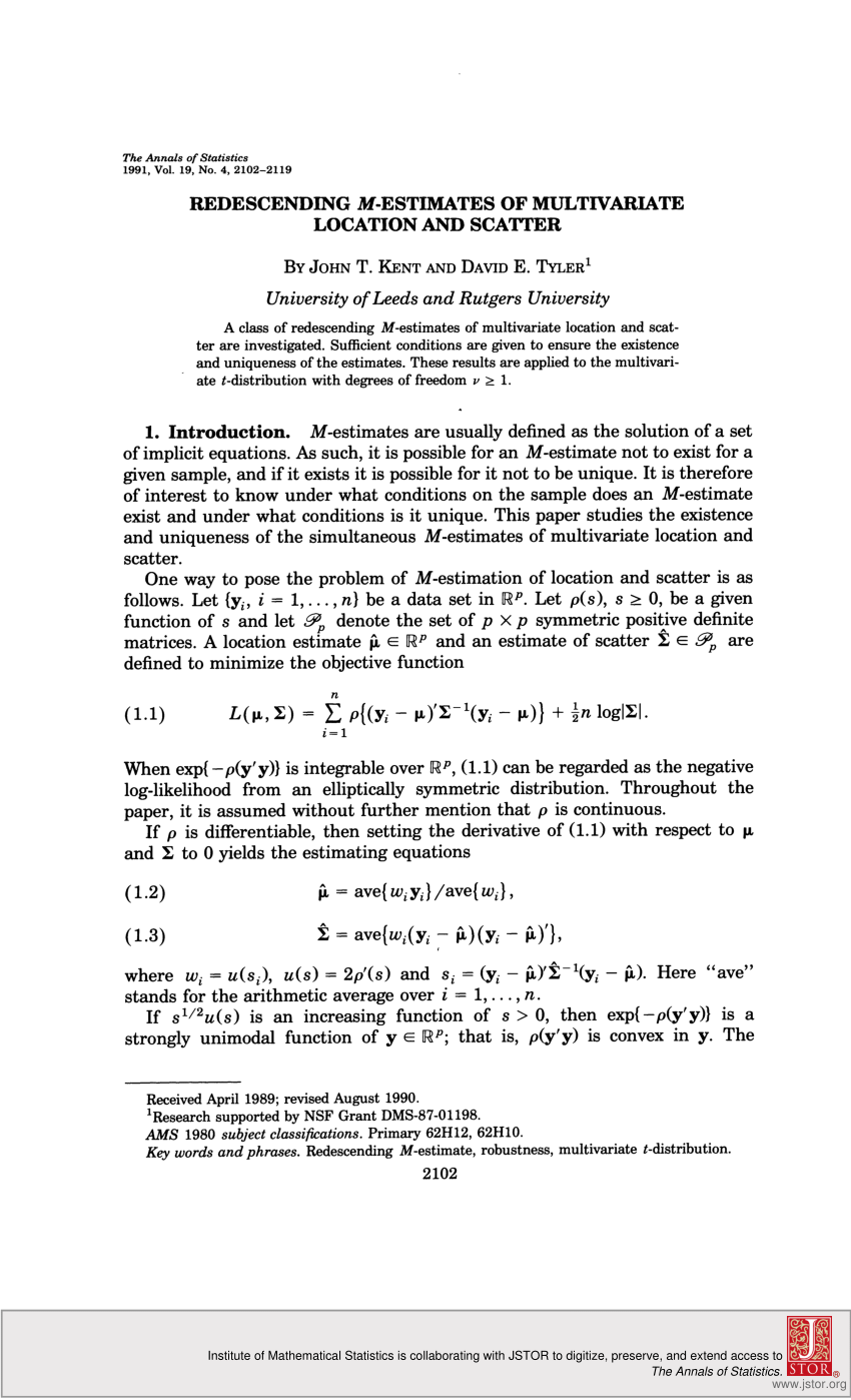 Pdf Redescending M Estimates Of Multivariate Location And Scatter