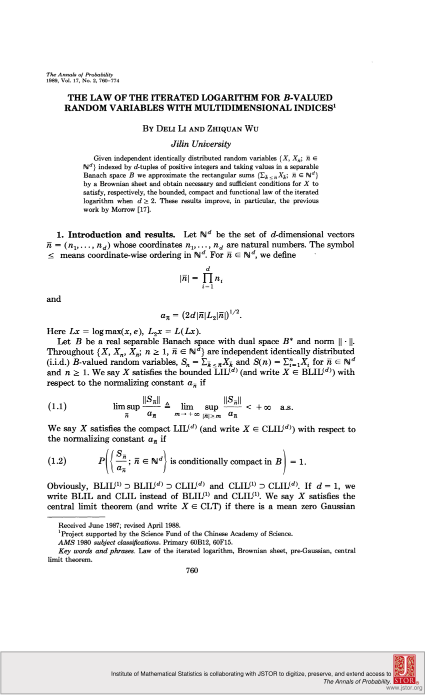 Pdf The Law Of The Iterated Logarithm For B Valued Random Variables With Multidimensional Indices