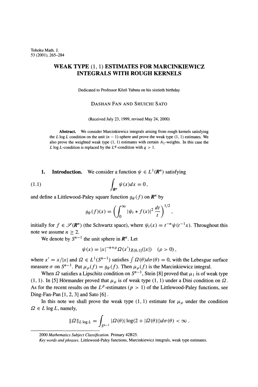 Pdf Weak Type 1 1 Estimates For Marcinkiewicz Integrals With Rough Kernels