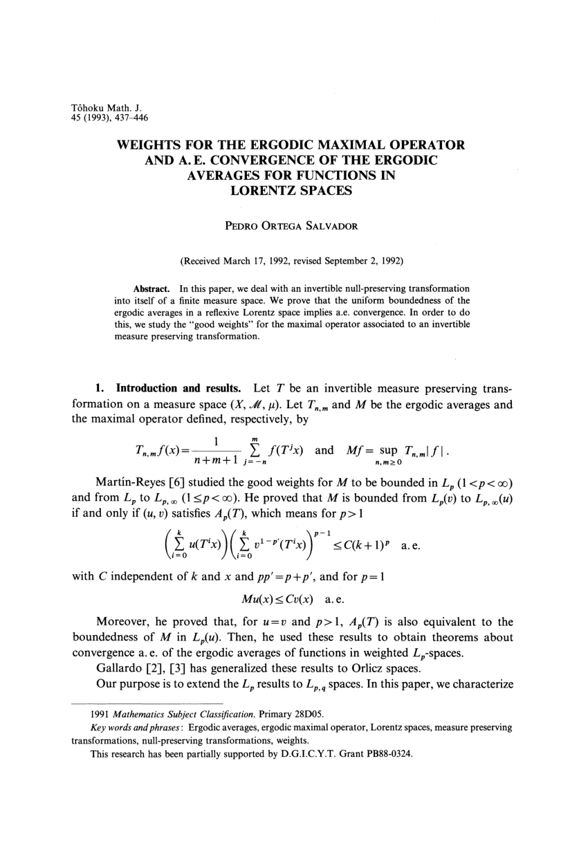 Pdf Weights For The Ergodic Maximal Operator And A E Convergence Of The Ergodic Averages For Functions In Lorentz Spaces