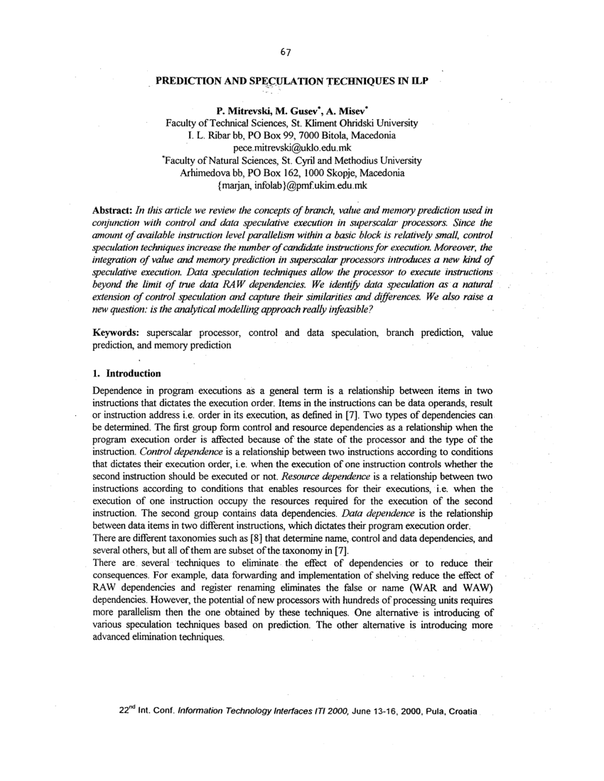 (PDF) Prediction and speculation techniques in ILP