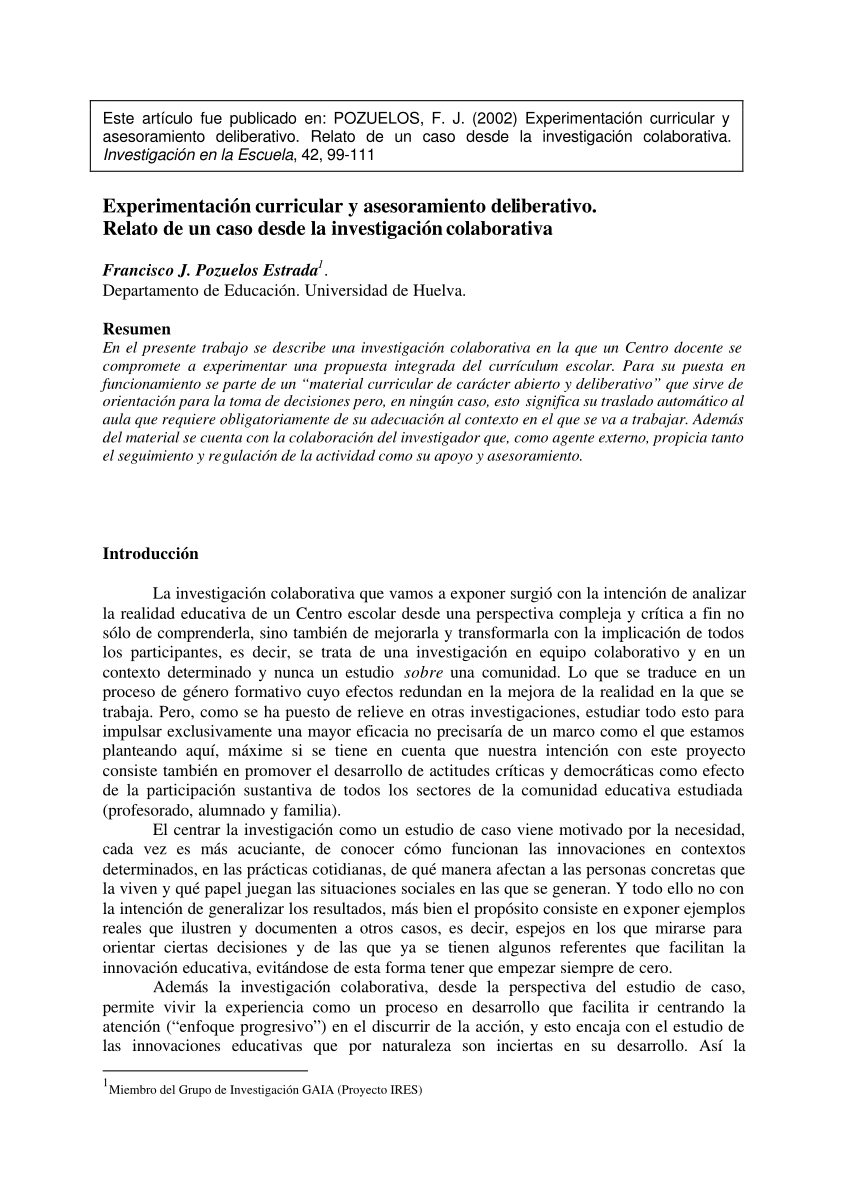 PDF) Experimentación curricular y asesoramiento deliberativo: relato de un  caso desde la investigación colaborativa