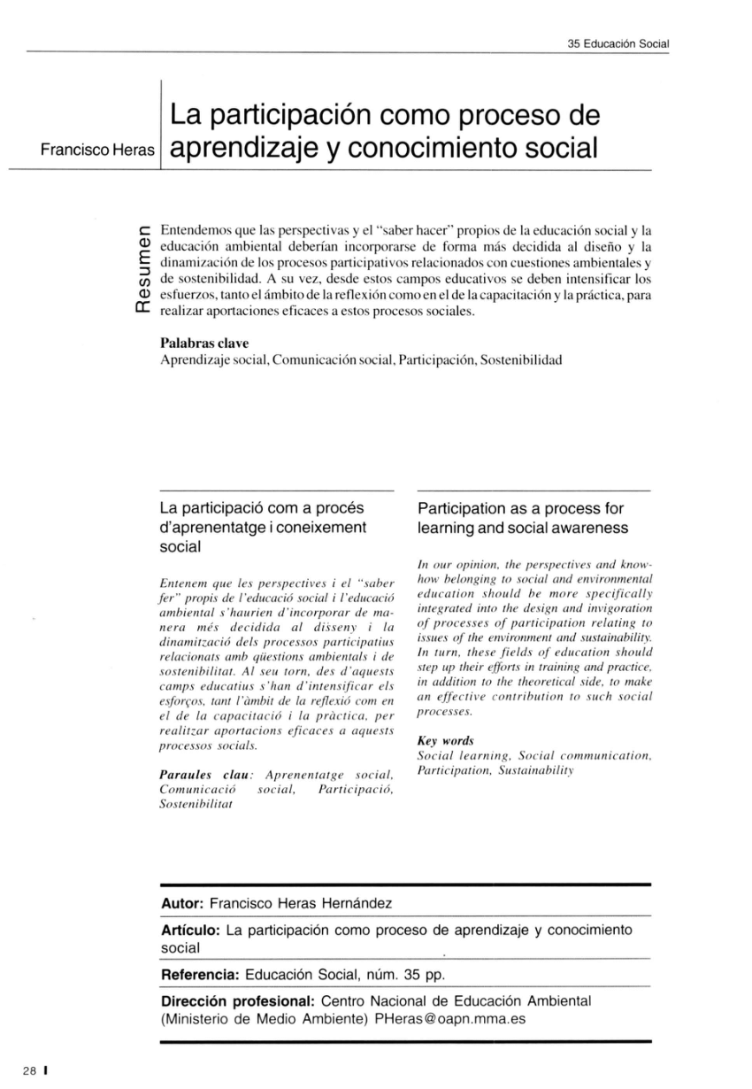 (PDF) La participación como proceso de aprendizaje y conocimiento social
