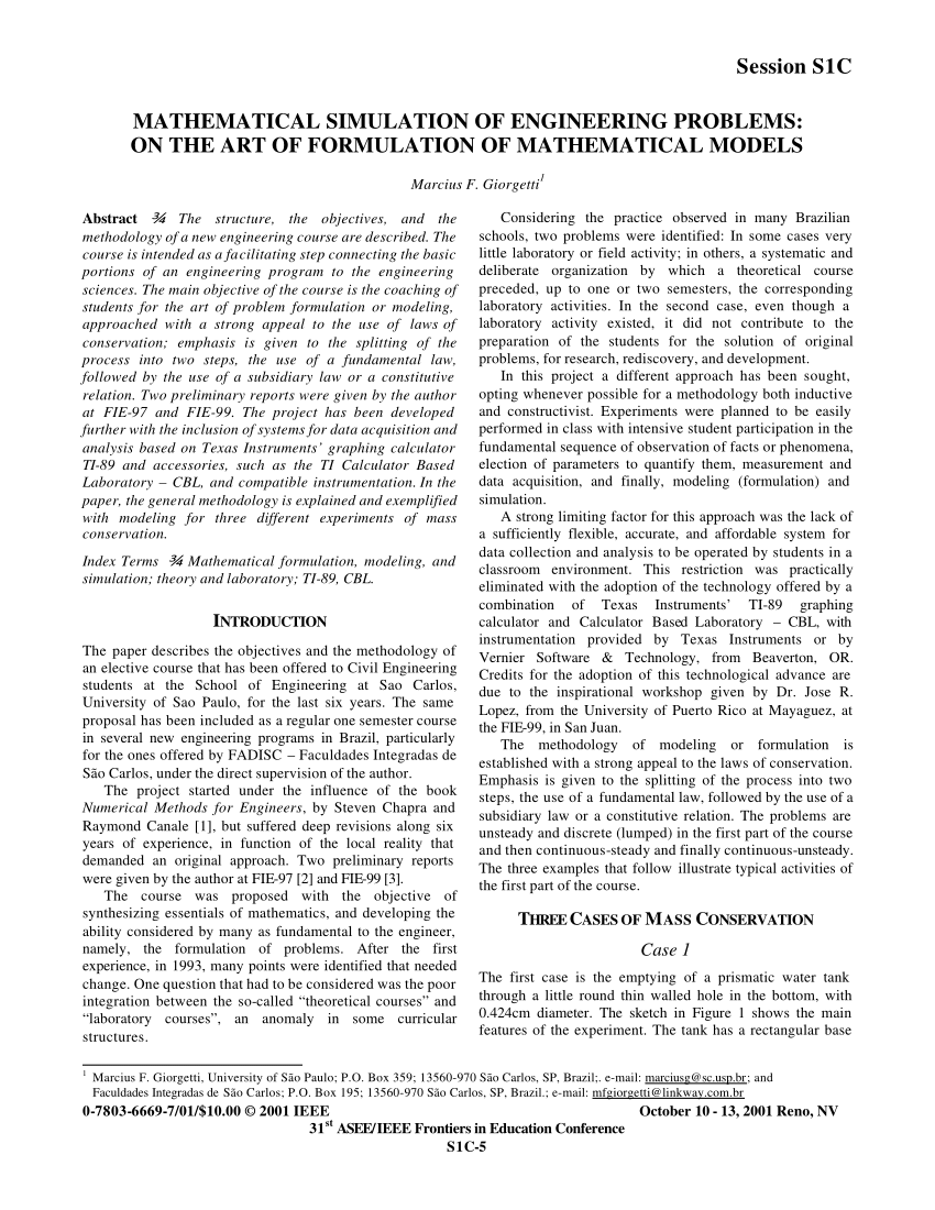 Pdf Mathematical Simulation Of Engineering Problems On The Art Offormulation Of Mathematical Models