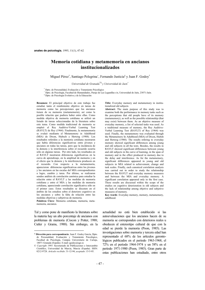 PDF) Memoria cotidiana y metamemoria en ancianos institucionalizados