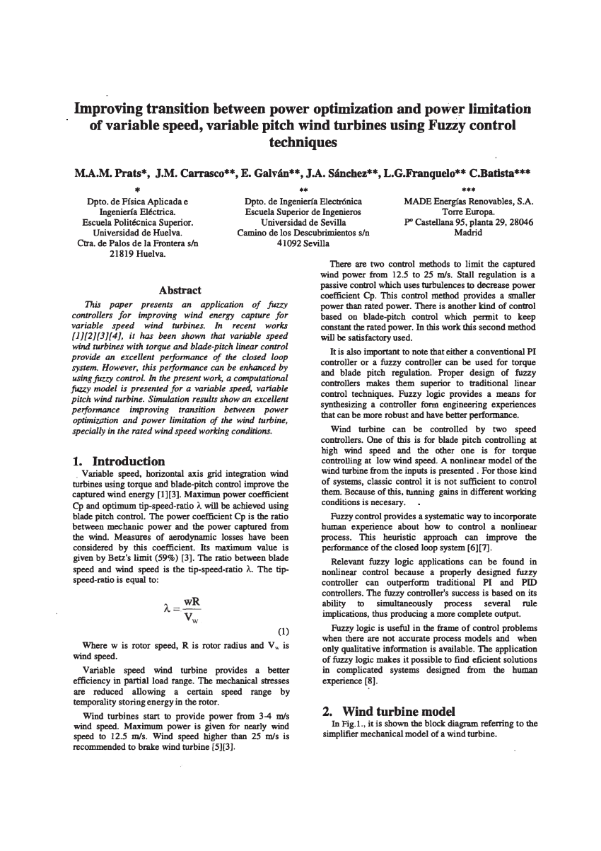 Pdf Improving Transition Between Power Optimization And Power Limitation Of Variable Speed Variable Pitch Wind Turbines Using Fuzzy Control Techniques