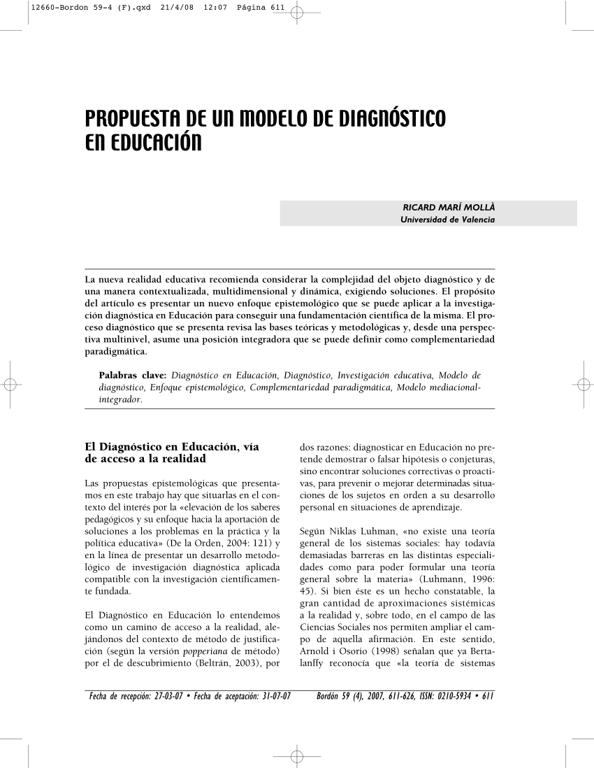 PDF) Propuesta de un modelo de diagnóstico en educación