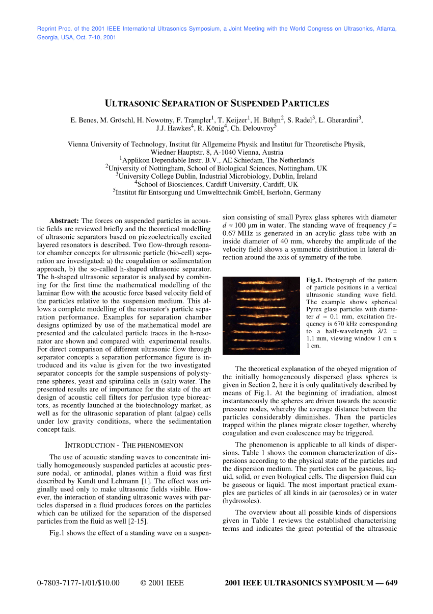 Pdf Ultrasonic Separation Of Suspended Particles