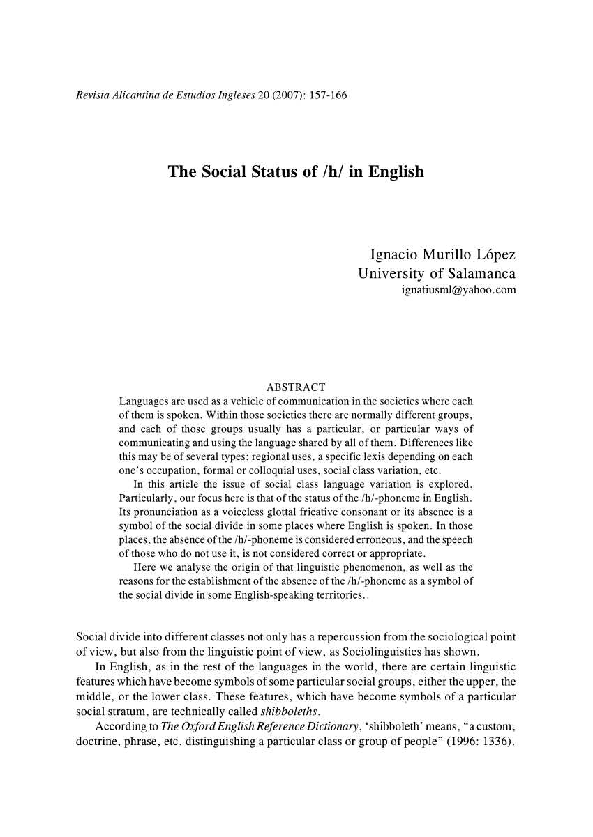 Pdf The Social Status Of H In English