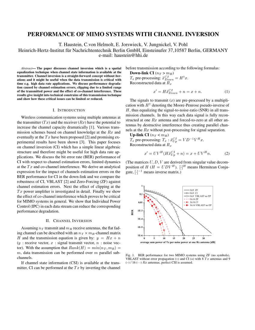 Pdf Performance Of Mimo Systems With Channel Inversion