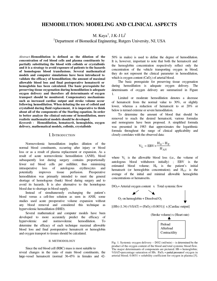 Pdf Hemodilution Modeling And Clinical Aspects