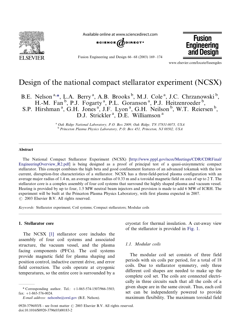 Pdf Design Of The National Compact Stellarator Experiment Ncsx Core