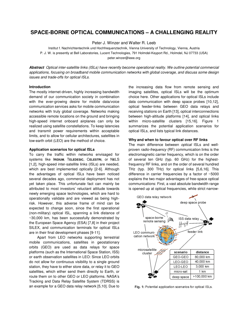 (PDF) Spaceborne optical communications A challenging reality