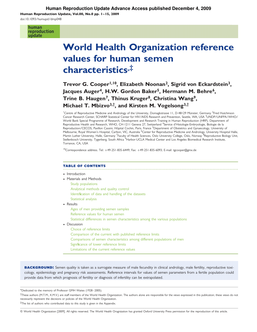 Pdf World Health Organization Reference Values For Human Semen Characteristics 7430