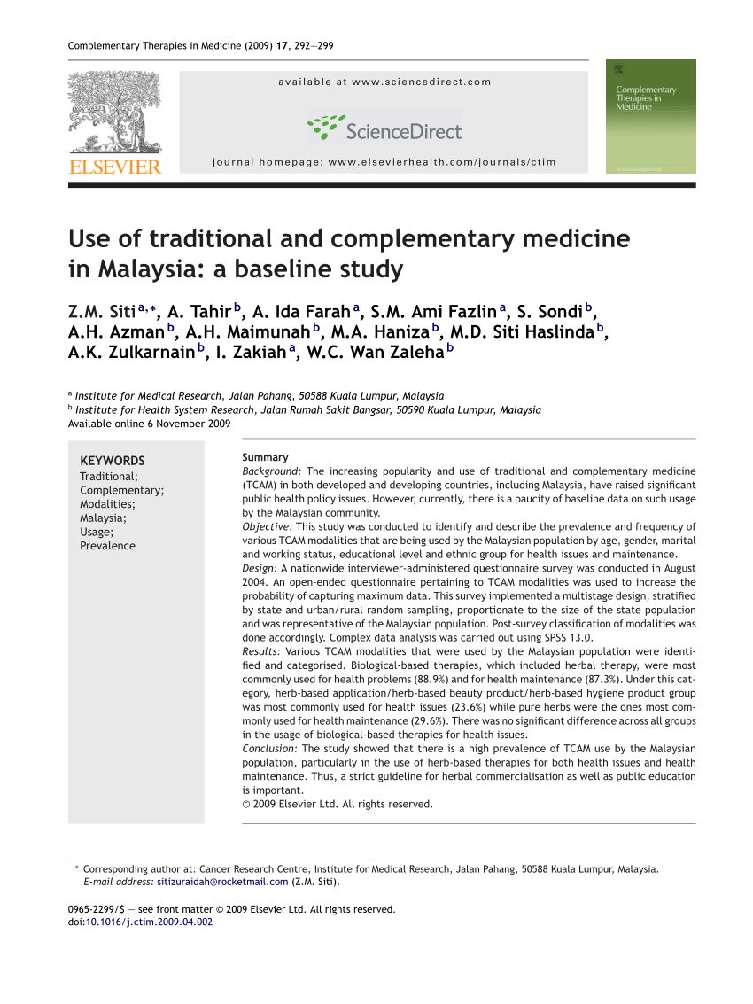 Pdf Use Of Traditional And Complementary Medicine In Malaysia A Baseline Study