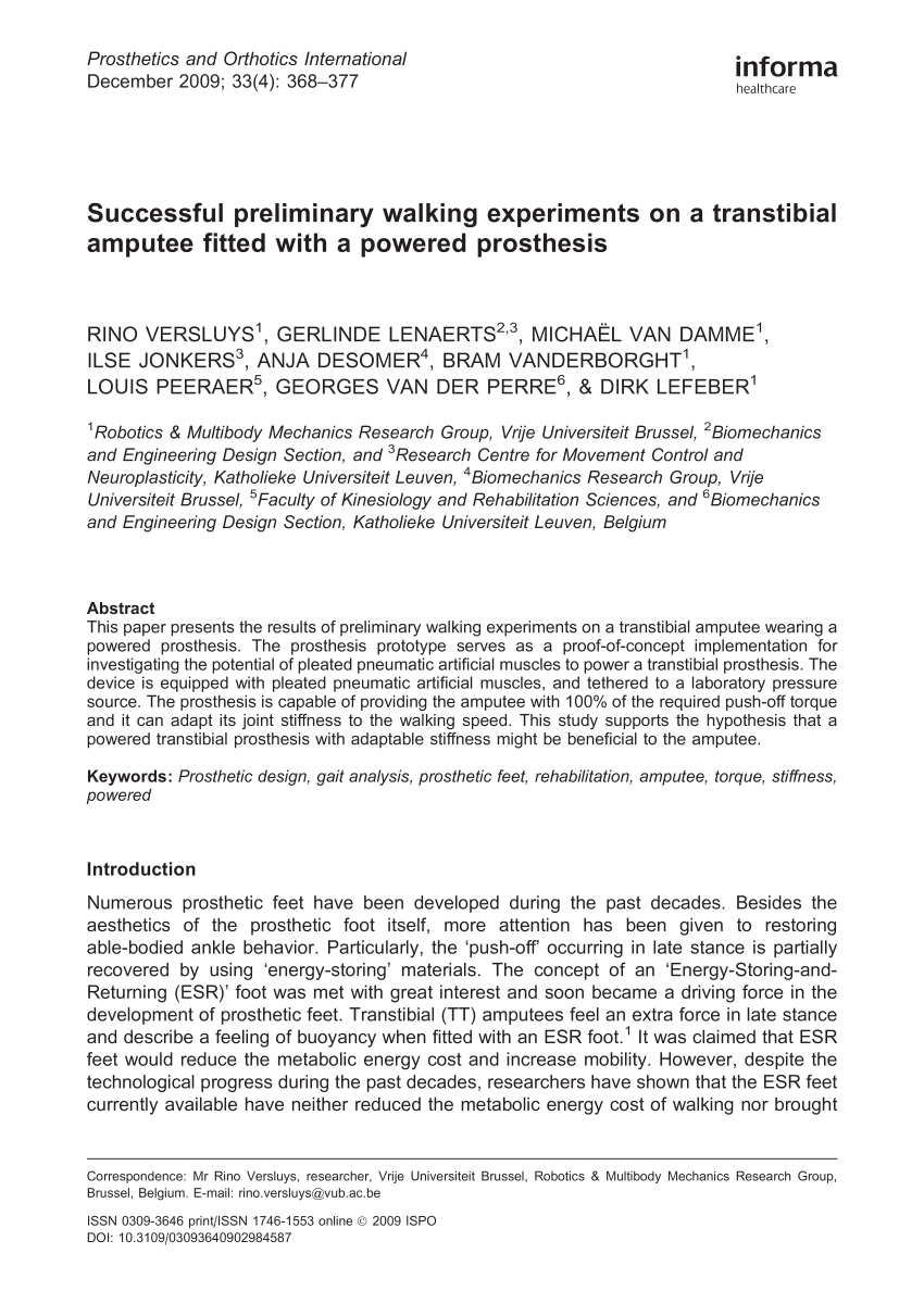 PDF) Successful Preliminary Walking Experiments on a Transtibial ...