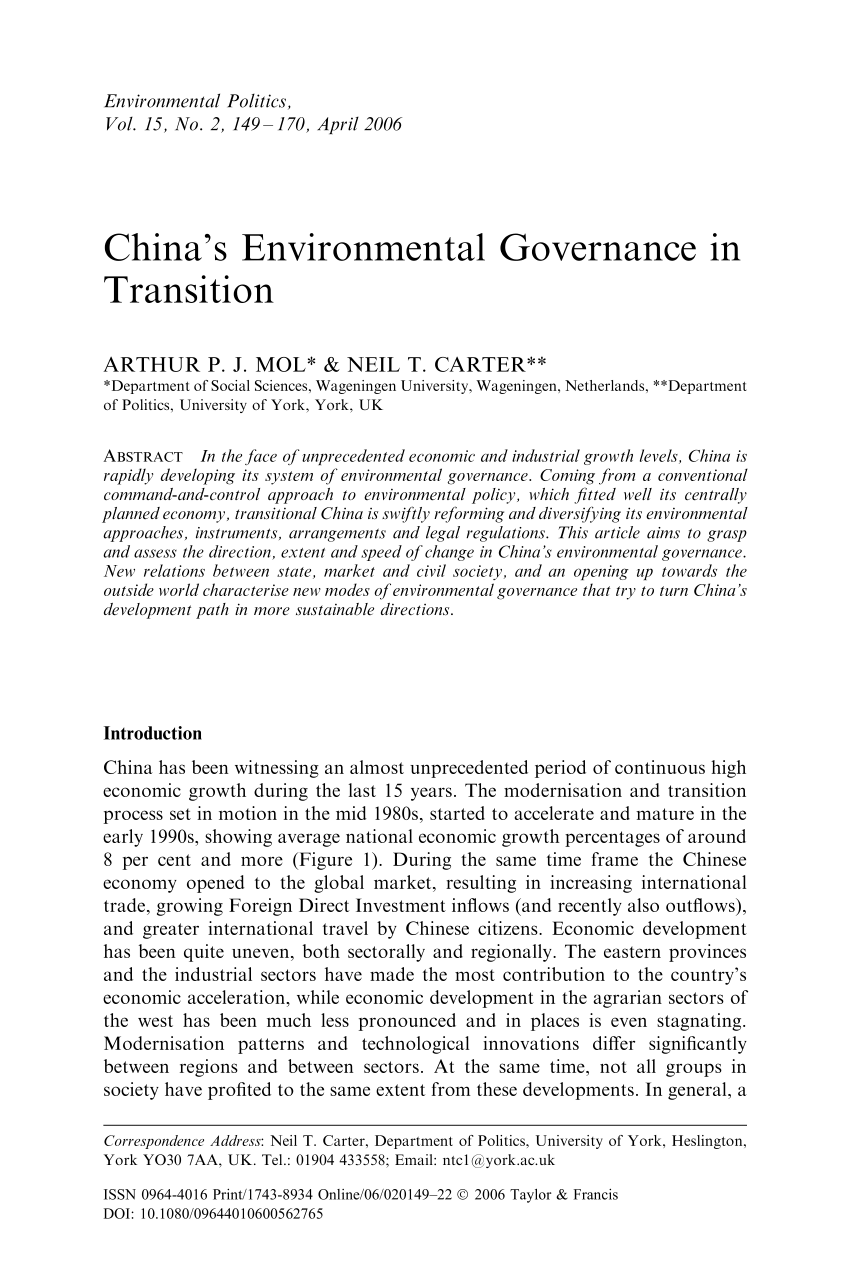 Pdf Chinas Environmental Governance In Transition - 