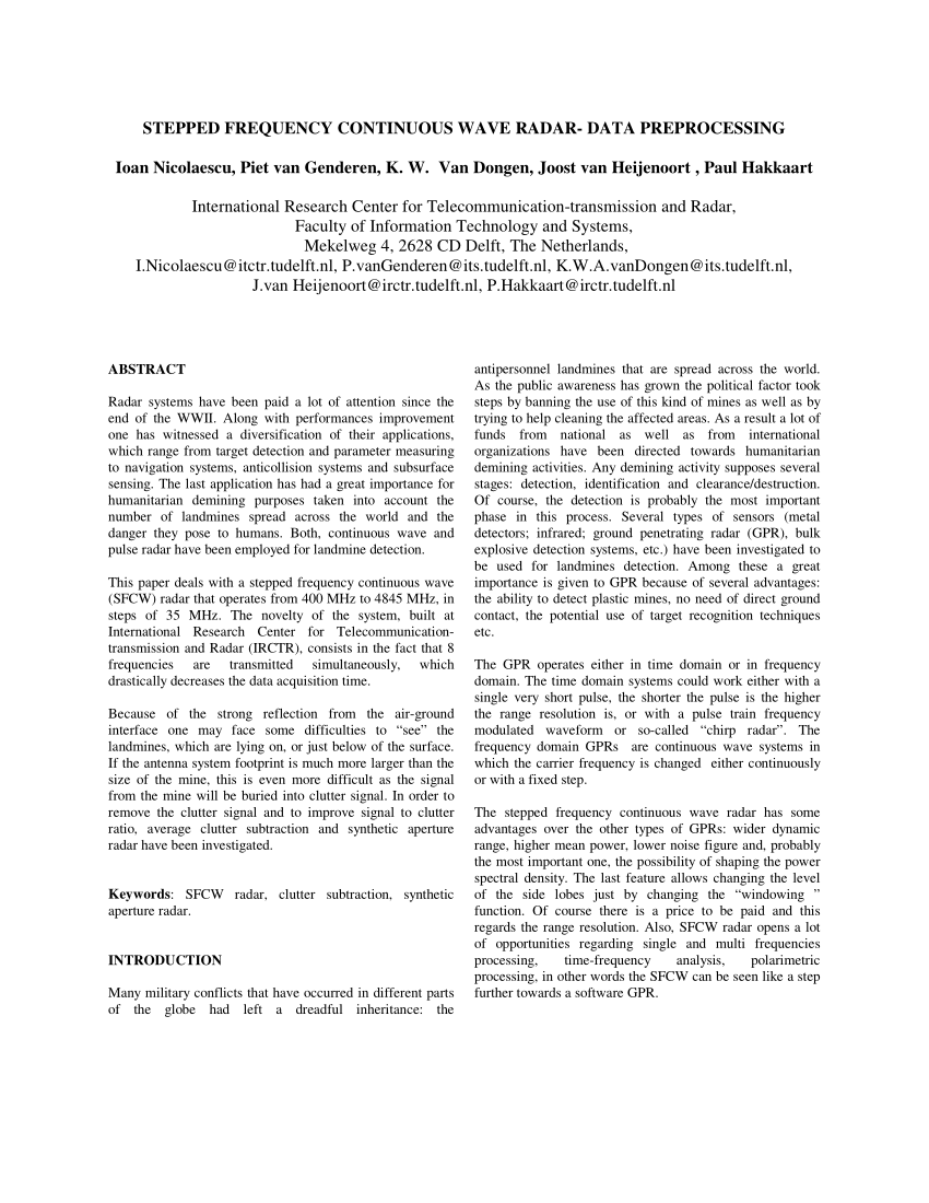 PDF) A Reconfigurable Stepped Frequency Continuous Wave Radar Prototype for  Smuggling Contrast, Preliminary Assessment